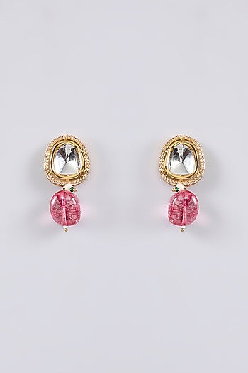 Gold Plated Kundan Polki & Beaded Dangler Earrings