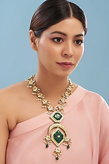 Gold Plated Kundan Polki & Green Beaded Long Necklace