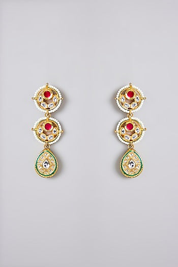 Gold Plated Kundan Polki & Multi-Colored Stone Meenakari Dangler Earrings