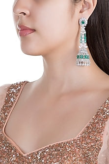 White Finish Stone & Emerald Long Earrings