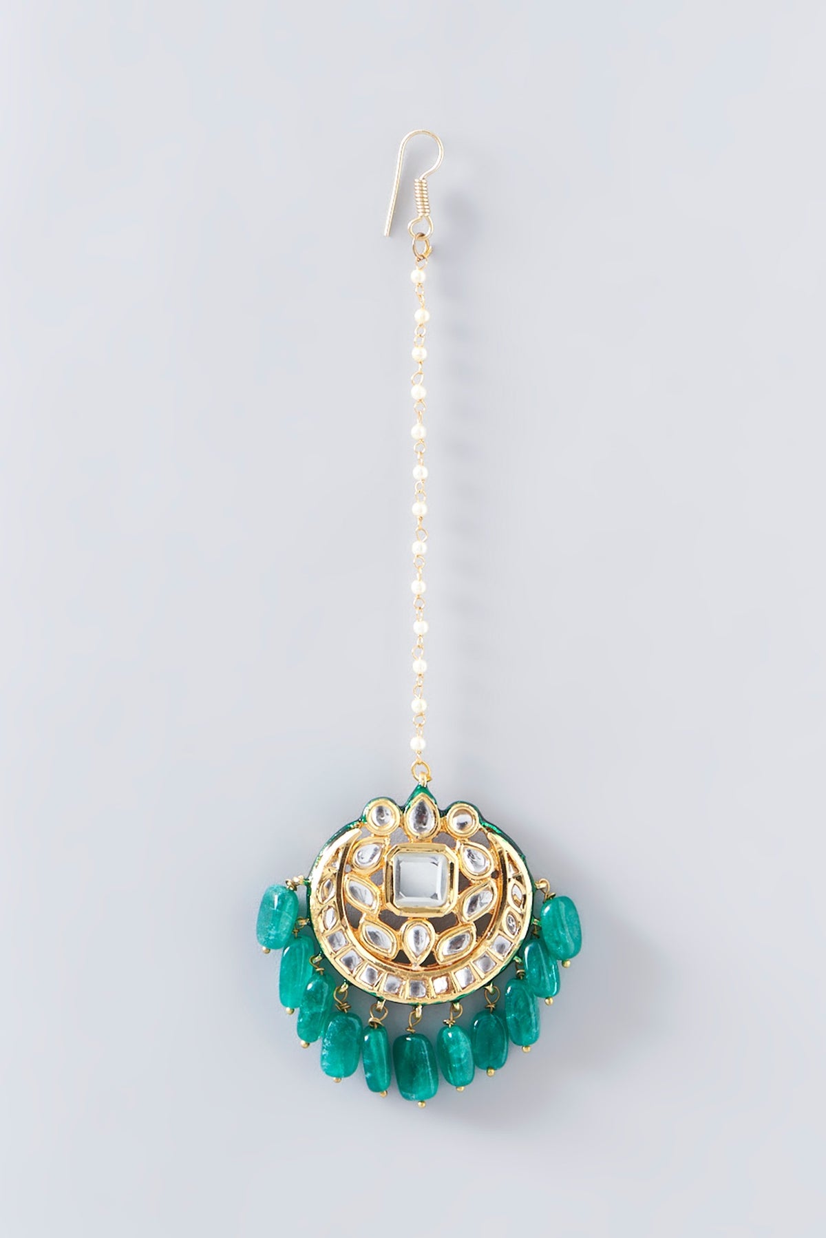 Gold Plated Kundan Polki & Green Beads Maang Tikka