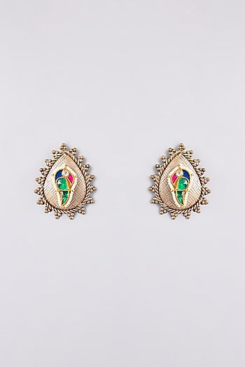 Two Tone Finish Multi-Colored Motif Stud Earrings