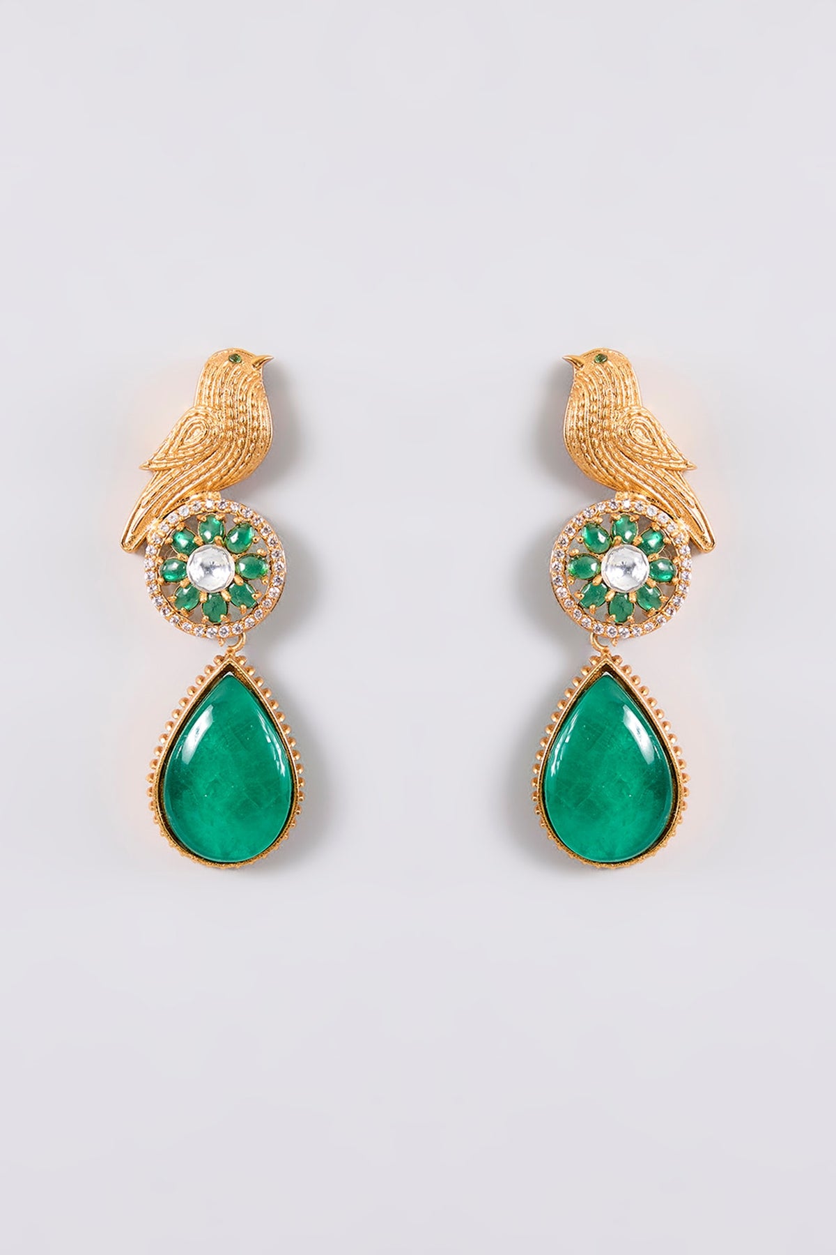 Gold Plated Green Stone Bird Dangler Earrings