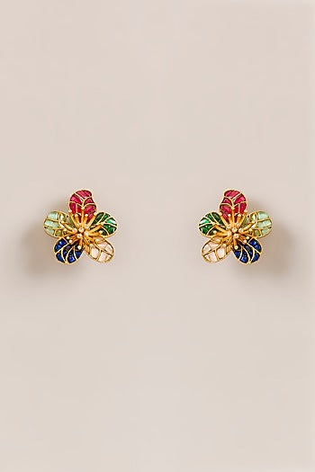 Gold Plated Multi-Colored Synthetic Stone Stud Earrings