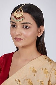 Gold Plated Mint Green & Light Red Beaded Maang Tikka