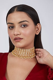 Gold Plated Kundan Polki & Pearl Choker Necklace