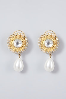 Gold Plated Kundan Polki & Pearl Stud Earrings