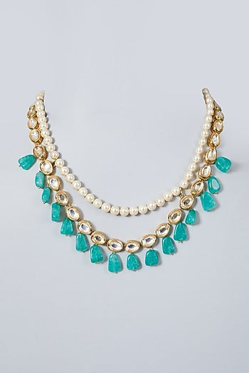 Gold Plated Kundan Polki & Green Beaded Necklace