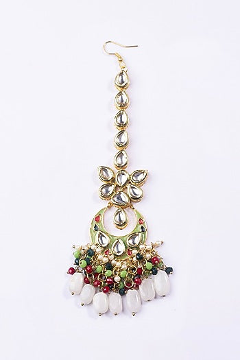 Gold Plated Kundan & Beaded Enamel Maangtikka