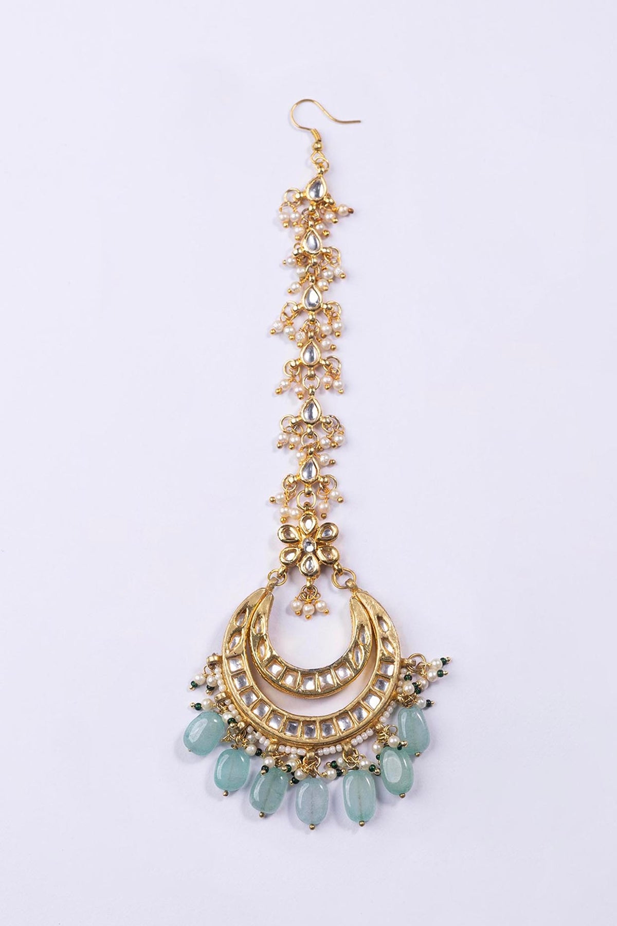 Gold Plated Kundan & Green Bead Maangtikka