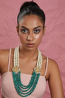 Gold Plated Pearl & Green Beaded Long Mala