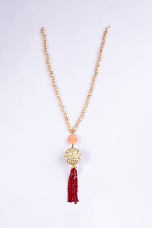 Gold Finish Pearl & Tassel Long Necklace
