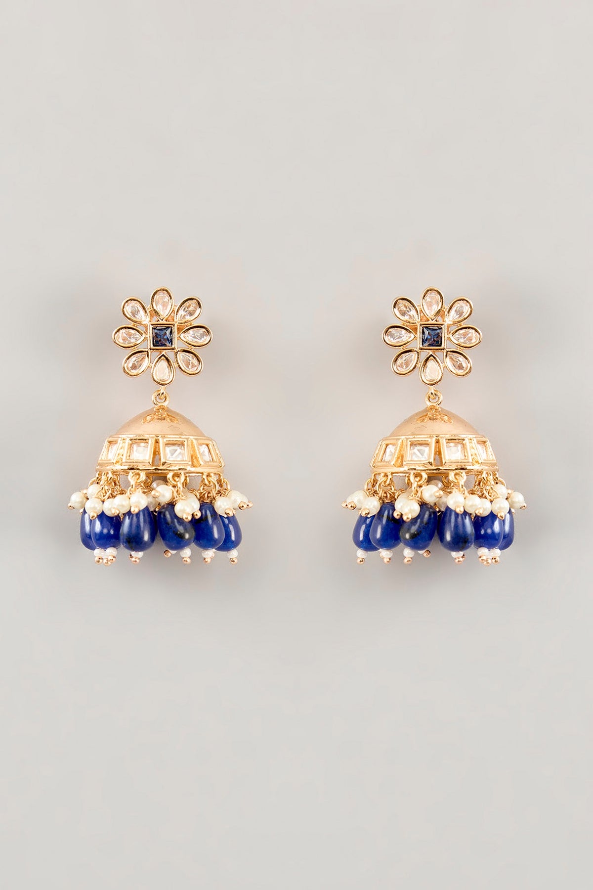 Gold Plated Kundan Polki & Blue Onyx Beaded Mesh Choker Necklace Set