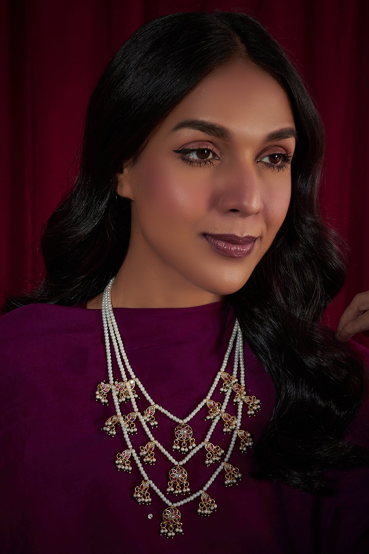 Gold Plated Ruby & Pearl Tiered Necklace