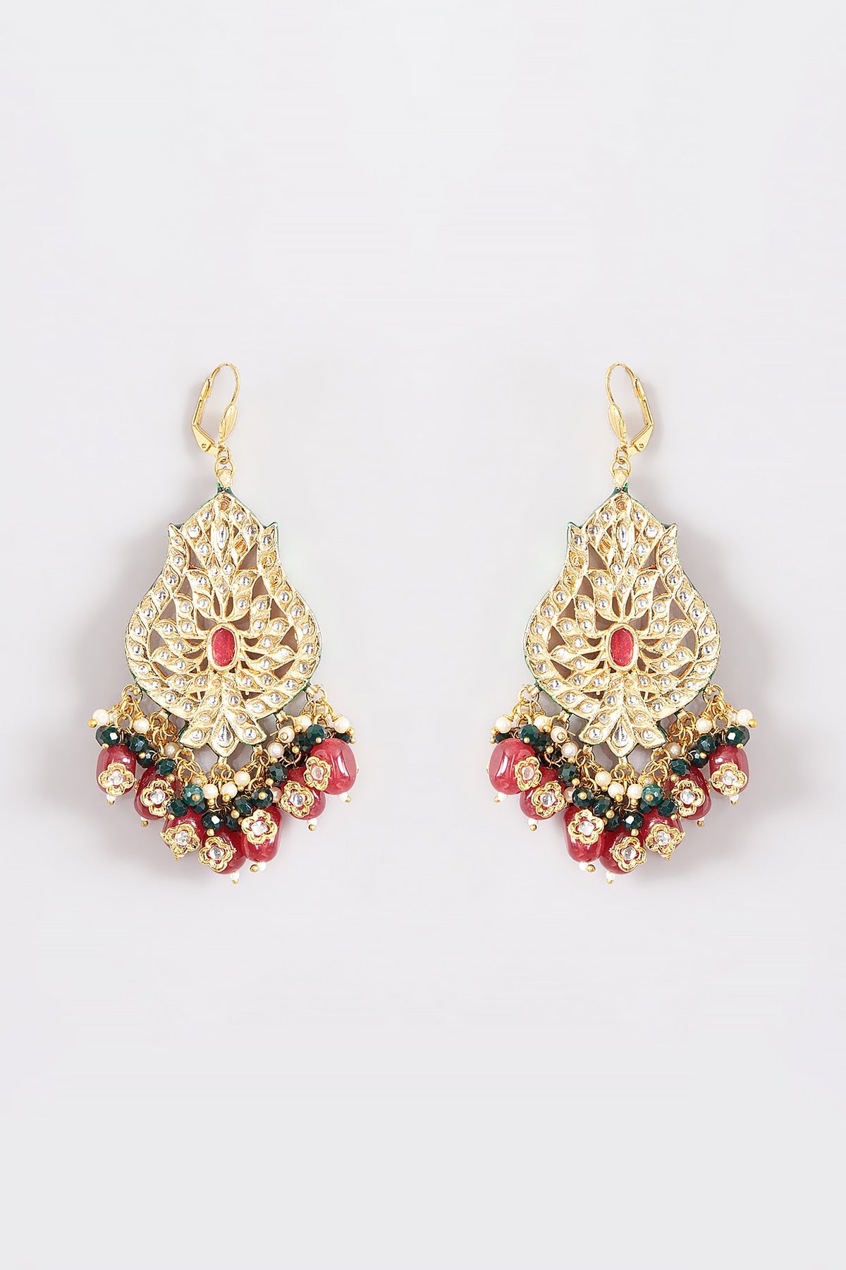 Gold Plated Kundan Polki & Ruby Bead Meenakari Dangler Earrings