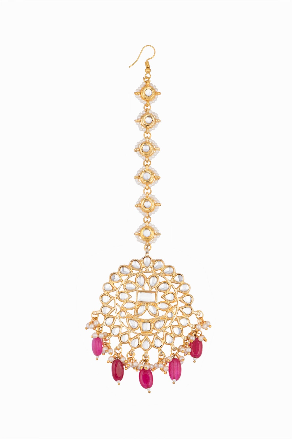 Gold Plated Ruby Beads & Pearls Maang Tikka