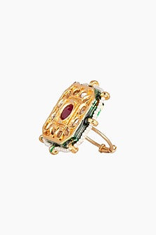 Gold Plated Square Kundan & Ruby Beads Ring