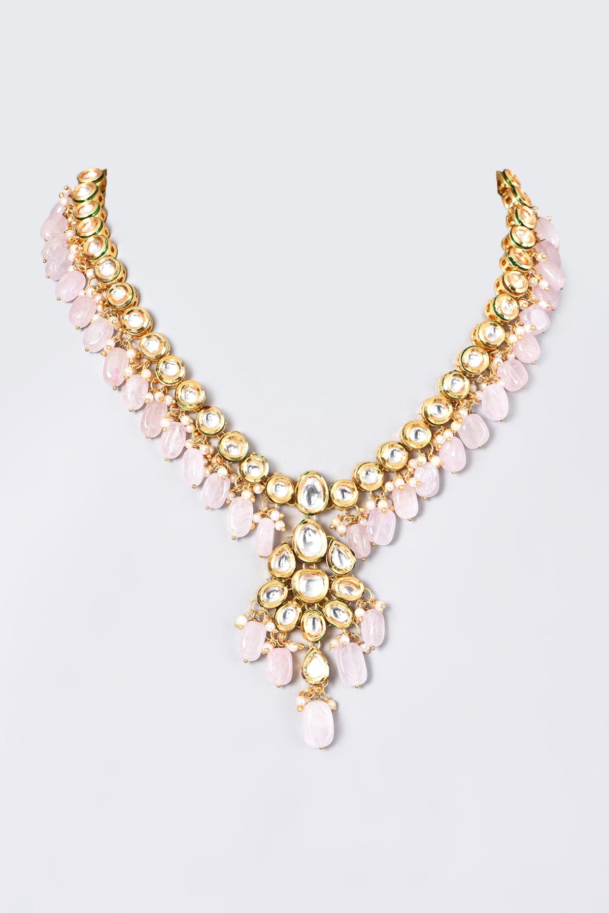 Gold Plated Necklace With Light Pink Beads