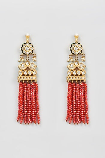 Gold Plated Red Beaded Dangler Earrings