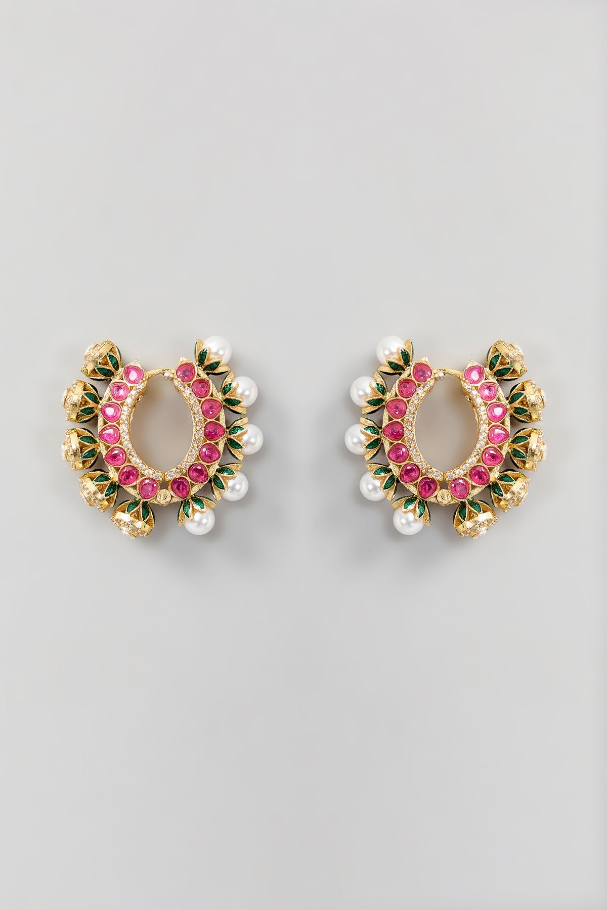 Gold Finish Kundan Polki & Pearl Hoop Earrings