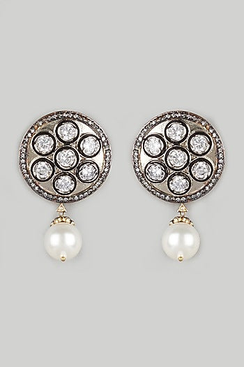Two Tone Finish White Stone & Pearl Stud Earrings