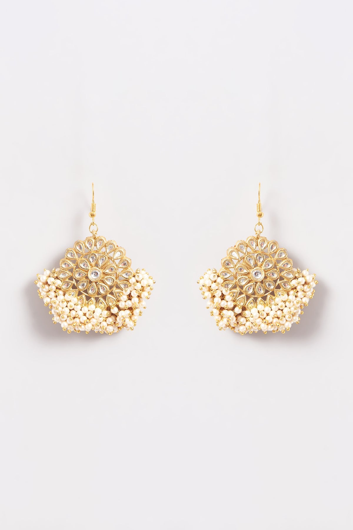Gold Plated Kundan Polki & Baby Pearl Stud Earrings
