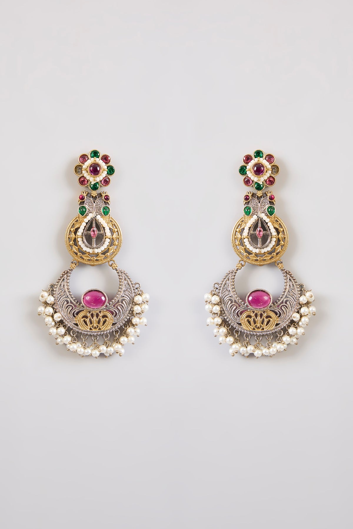 Black Rhodium Finish Multi-Colored Stone Chandbali Earrings