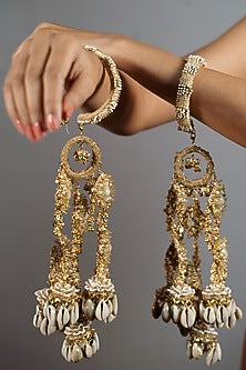 Gold Finish Pearl & Shell Kaleeras (Set of 2)