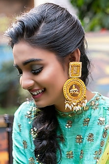 Gold Finish Mirror Embroidered Earrings