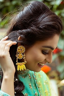 Gold Finish Dangler Earrings With Hand Embroidery