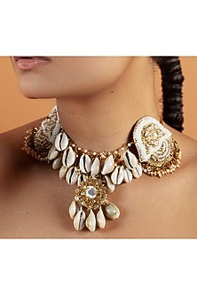 Gold Finish Pearl & Shell Choker Necklace