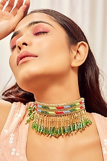 Gold Finish Chid Embroidered Choker Necklace