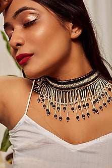 Gold Finish Moti Embroidered Choker Necklace