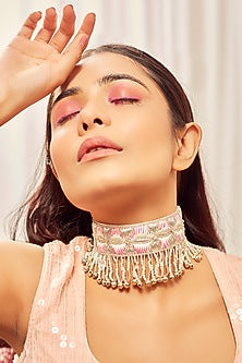 Gold Finish Dabka Embroidered Choker Necklace