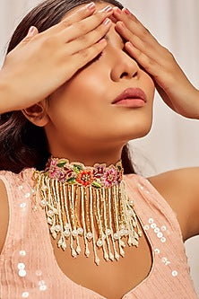 Gold Finish Tikki Embroidered Choker Necklace