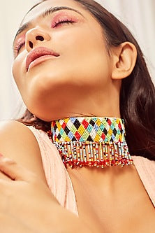 Gold Finish Embroidered Choker Necklace
