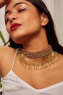 Gold Finish Choker Necklace With Embroidery