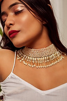 Gold Finish Choker Necklace With Moti Embroidery