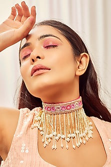 Gold Finish Choker Necklace With Mirror Embroidery