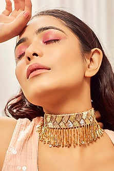 Gold Finish Choker Necklace With Dabka Embroidery