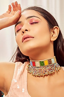 Gold Finish Choker Necklace With Chid Embroidery