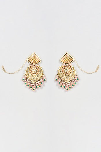 Gold Finish Pink Kundan Polki Meenakari Chandbali Earrings