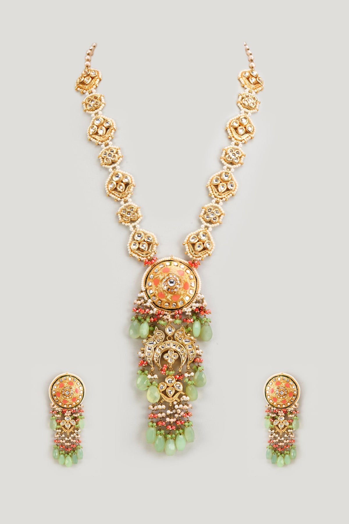 Gold Finish Kundan Polki Meenakari Necklace Set