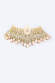 Gold Finish Kundan Polki & Moonstone Meenakari Choker Necklace