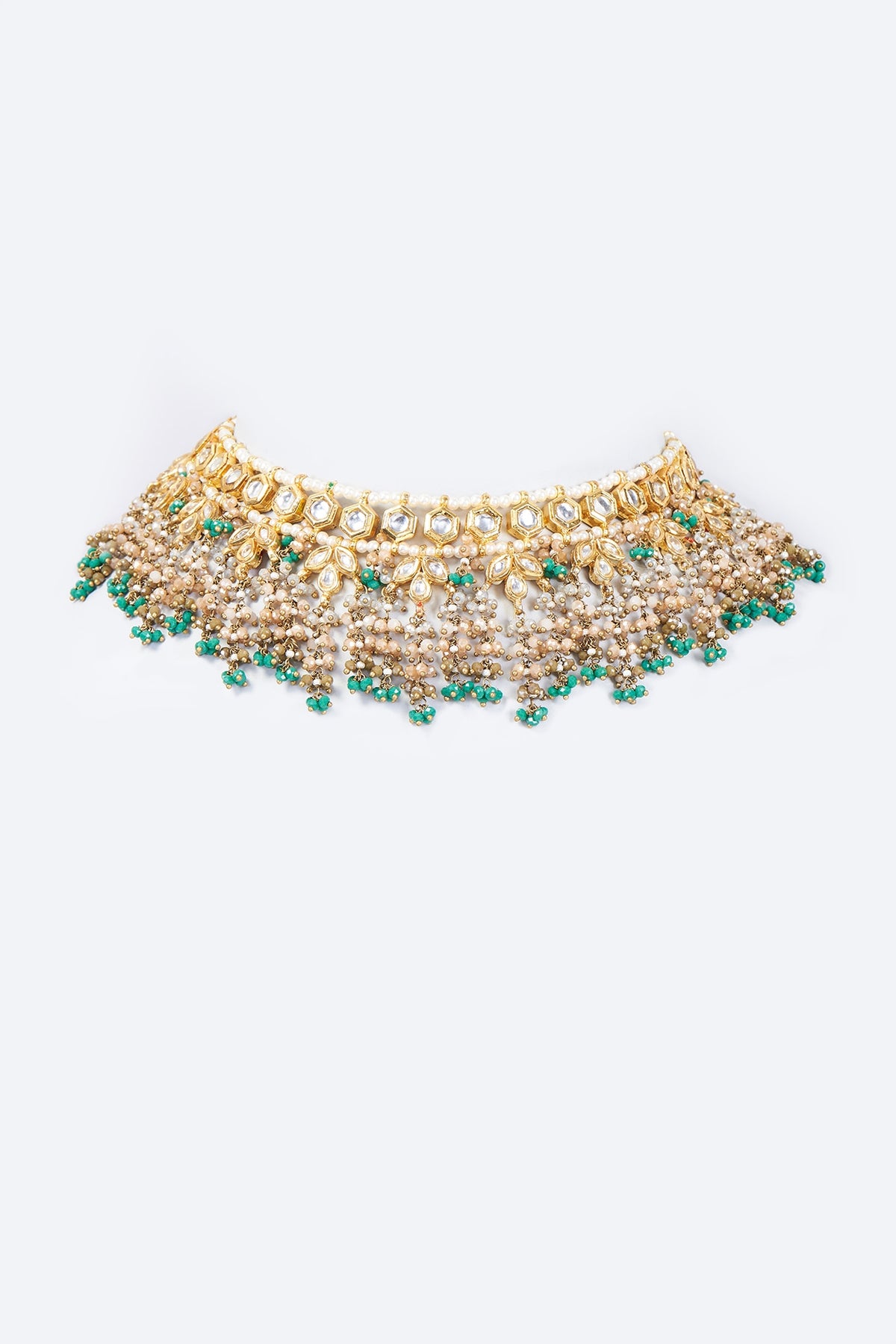 Gold Finish Kundan Polki & Moonstone Meenakari Choker Necklace