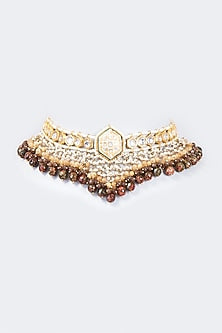 Gold Finish Kundan Polki & Moonstone Meenakari Choker Necklace