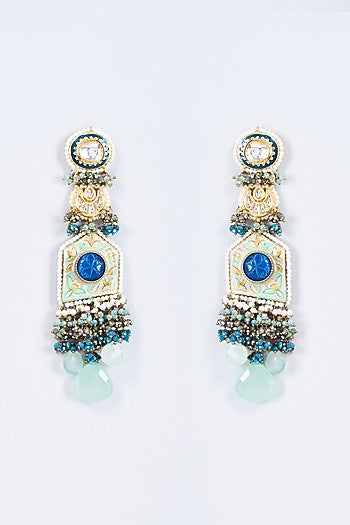 Gold Finish Kundan Polki & Pearl Meenakari Dangler Earrings
