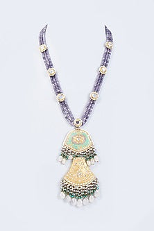 Gold Finish Kundan Polki & Moonstone Meenakari Long Necklace