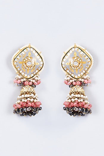 Gold Finish Kundan Polki & Pearl Meenakari Dangler Earrings