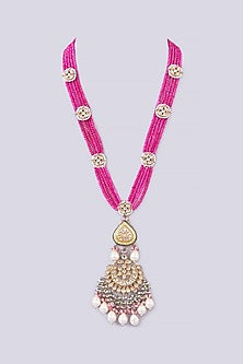 Gold Finish Pink Agate & Kundan Long Necklace